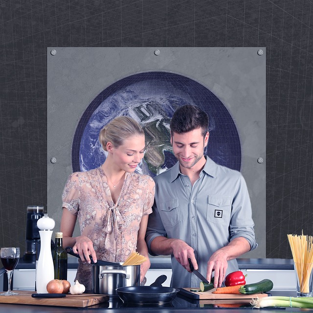 Couple cooking together as a date night in.