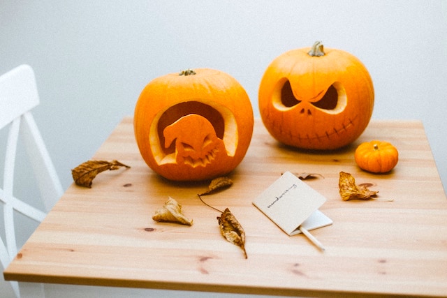 table of carved pumpkins from a girls' night in. 